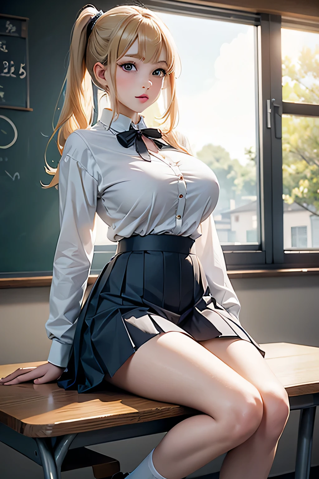 kitagawa marin,pigtails,neat blouse,white blouse,tight blouse,button the blouse,in the classroom,pleated skirt,short skirt,high school girl,18 years old,blonde hair,long hair,(large breast:1.8),hide breast,((masterpiece)), (detailed), perfect face,reflective skin,white socks,loafers,spread legs,m-shaped legs