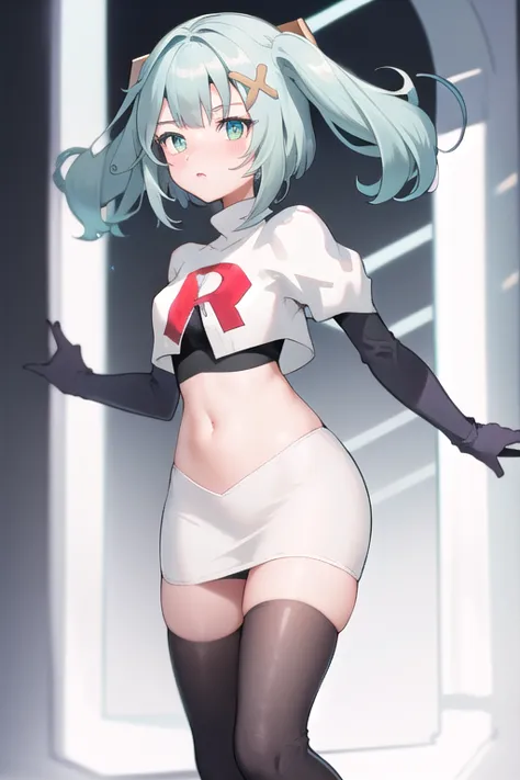 faruzandef, blush, short hair,twin ponytails, team rocket,team rocket uniform,white skirt,red letter R,crop top,black thigh-high...