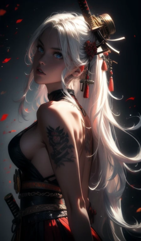 (masterpiece), best quality,1 girl, white hair, long hair, hair decorations, sensual face, white skin, tattooed body, posing, carrying a samurai sword, katana, Masterpiece, best quality, realistic, ultra high resolution, depth of field. (detailed background), (masterpiece: 1.2), (ultra detailed), (best quality), complex and complete cinematic photography, magical, (gradients), colorful and detailed landscape, visual key.,more detail XL