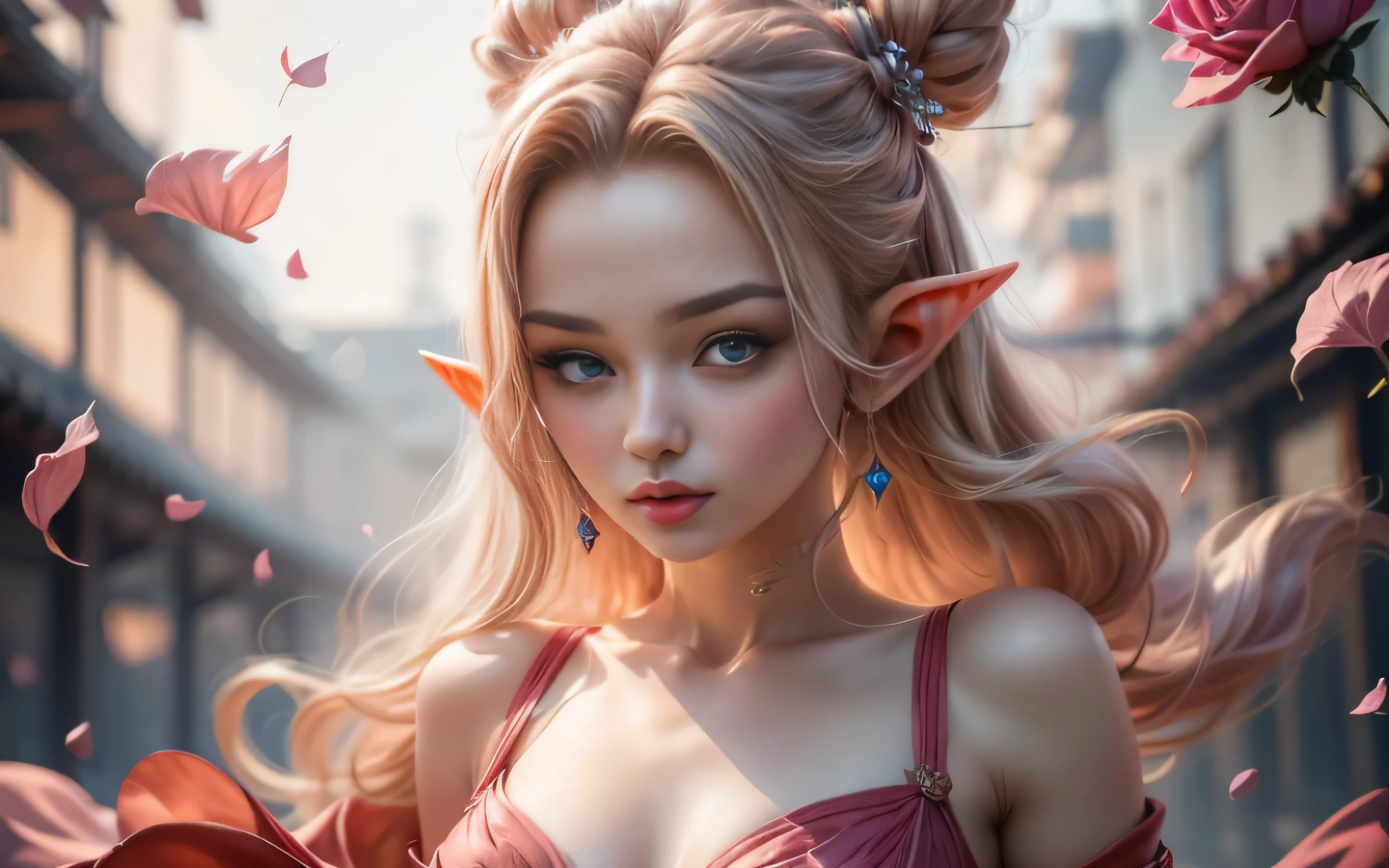 Hay una figura de tamaño natural de una hermosa elfa rubia bailando en medio de un jardín de rosas rojas rodeado de pétalos de rosa que vuelan en el viento, arte anime de gran calidad, ilustración, arte de anime realista de alta calidad, Expresión facial seductora, hermosa elfa con ojos azules, 4k mejor calidad, 8k detalles de personajes, arte anime de alta calidad, aura melódica alrededor de las mujeres, high quality ilustración