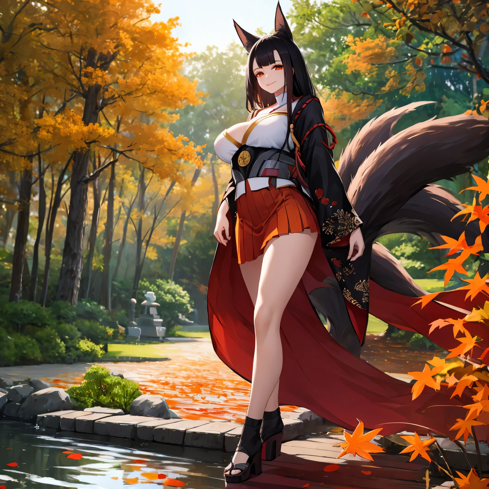 a woman wearing a red kimono with black details of flowers, short skirt, long black stockings, black women's shoes, long black hair, kitsune ears, kitsune tail, multi tail, big breasts, orange eyes, walking on a walk in a Japanese garden, with trees with orange leaves, overlooking a large, smiling lake,,(woman solo)ultra resolution, very detailed, HDR, masterpiece, 8K hd
