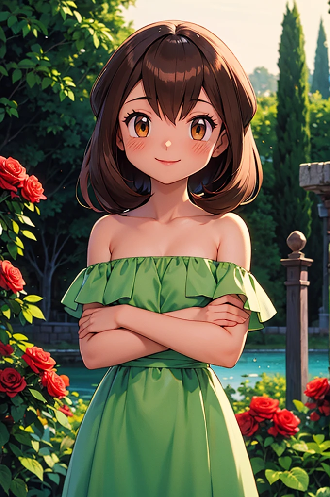 masterpiece, best quality, ultra-detailed, illustration, beautiful detailed eyes, very detailed illustration, cinematic lighting, 1 girl, solo, Pokemon Heroes (Bianca), Brown Hair, brown eyes, bare shoulders, strapless, off shoulders, white ruffle off the shoulder maxi dress, intricate details, sharp focus, high resolution, the background of beautiful garden with rose bushes, on a beautiful night, crescent moon, smile, standing near a lake, crossed arms, anime style, ultra-detailed, hdr, far at the bottom, in the center, Close up