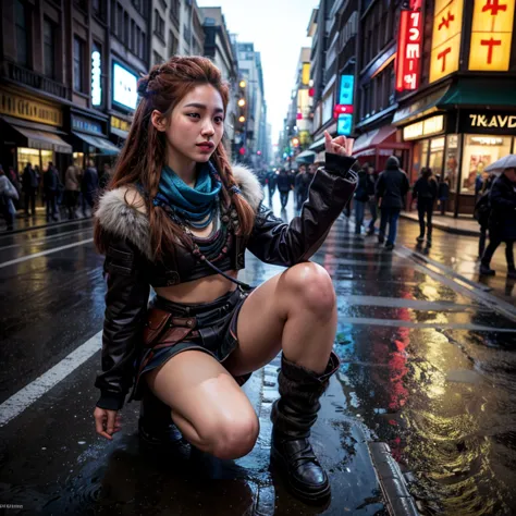 beautiful japanese woman,
age 20,
height 160cm,
standard build,
long hair,
dressed like aloy, the main character of the playstat...