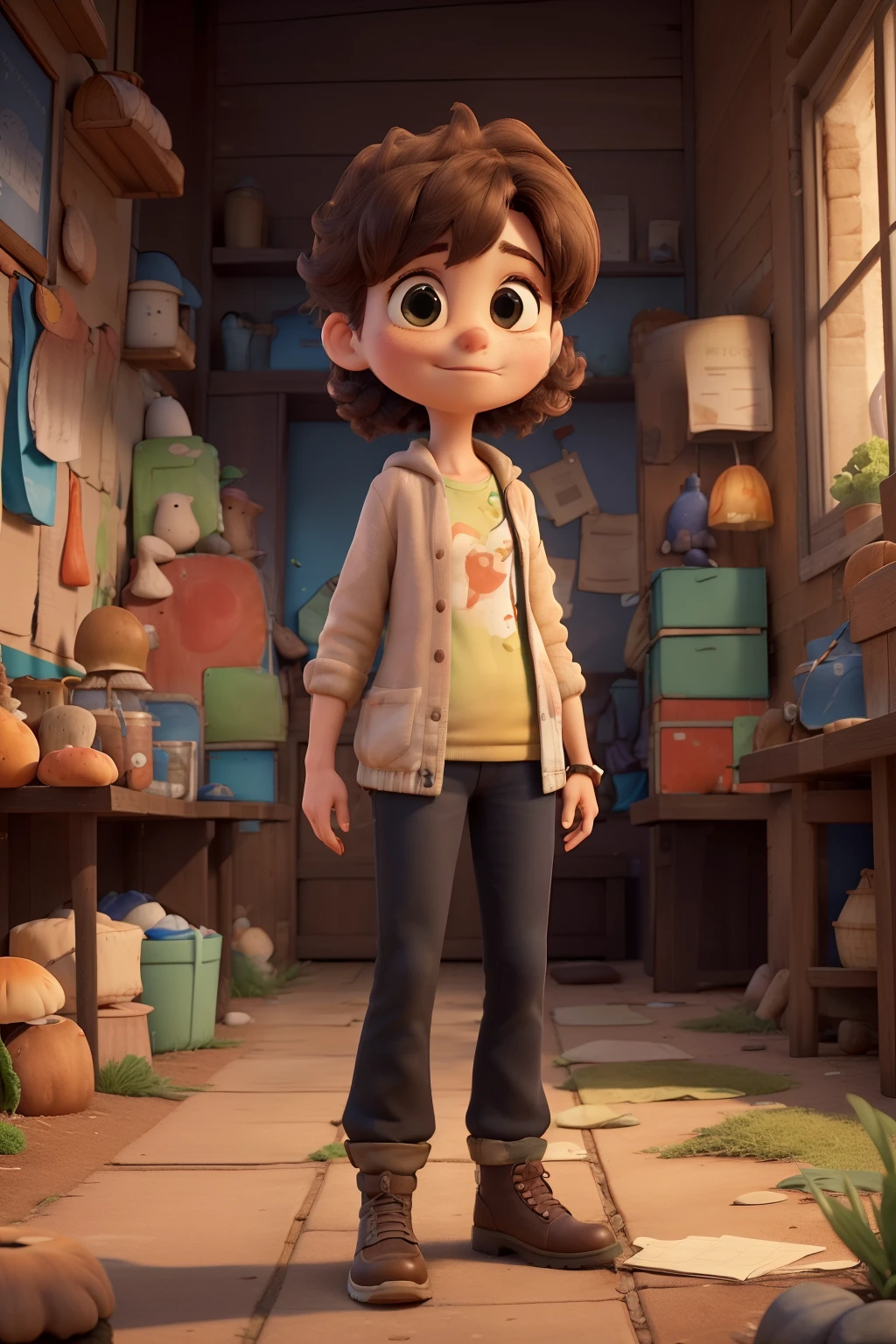 A cartoon boy stands in a room with lots of stuff - SeaArt AI