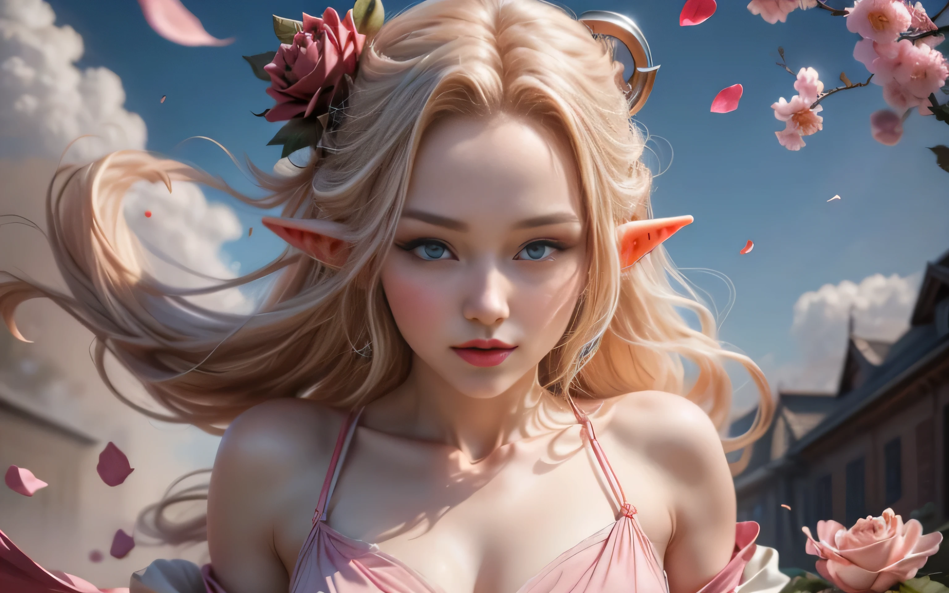 Hay una hermosa elfa rubia bailando en medio de un jardín de rosas rojas rodeada de pétalos de rosa volando en el viento, arte anime de gran calidad, ilustración, arte de anime realista de alta calidad, Expresión facial seductora, hermosa elfa con ojos azules, 4k mejor calidad, 8k detalles de personajes, arte anime de alta calidad, aura melódica alrededor de las mujeres, high quality ilustración 