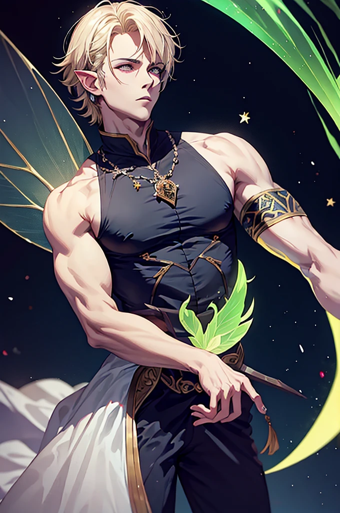 王子服的帥氣男人, 金色短发, 漂亮的臉蛋, 尖尖的耳朵和仙女的翅膀, 翠綠色的眼睛