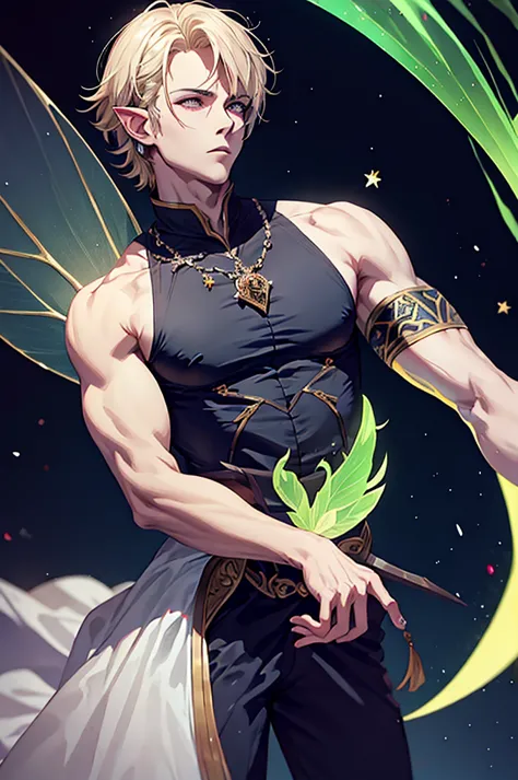 Very handsome man in prince clothes, blonde short hair, rosto bonito, pointy ears e fairy wings, olhos verdes esmeralda