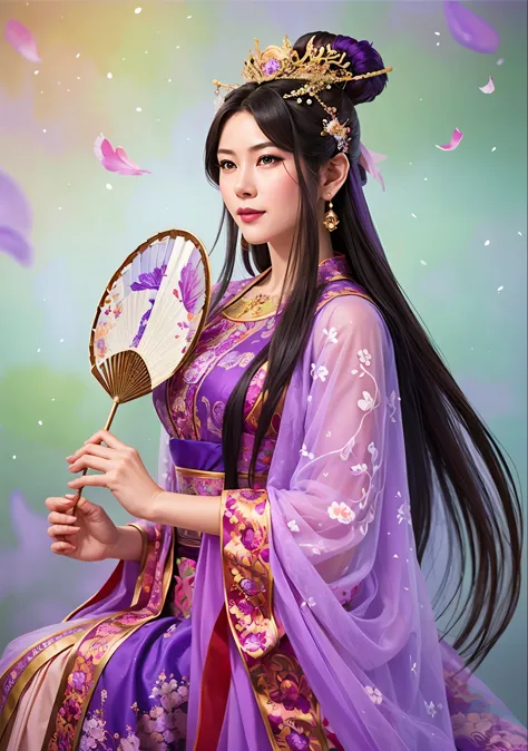 A girl in a purple dress、Close-up of woman holding fan, beautiful fantasy queen, ((beautiful fantasy queen)), ancient Chinese Pr...