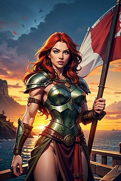 a viking warrior, long wavy red hair, green eyes, thin lips, round face, wearing viking armor, muscular and strong, sensual and imposing, looking at the viewer, viking woman on the viking ship