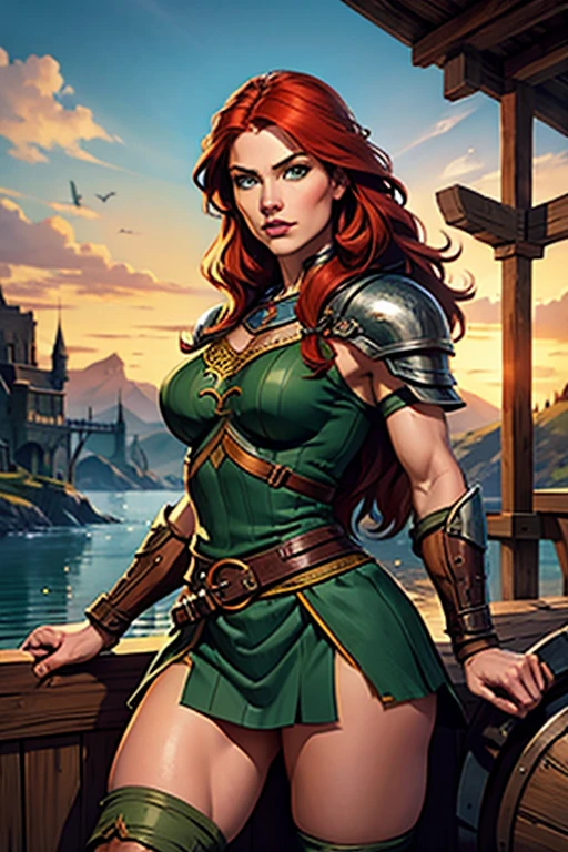 a viking warrior, long wavy red hair, green eyes, thin lips, round face, wearing viking armor, muscular and strong, sensual and imposing, looking at the viewer, viking woman on the viking ship