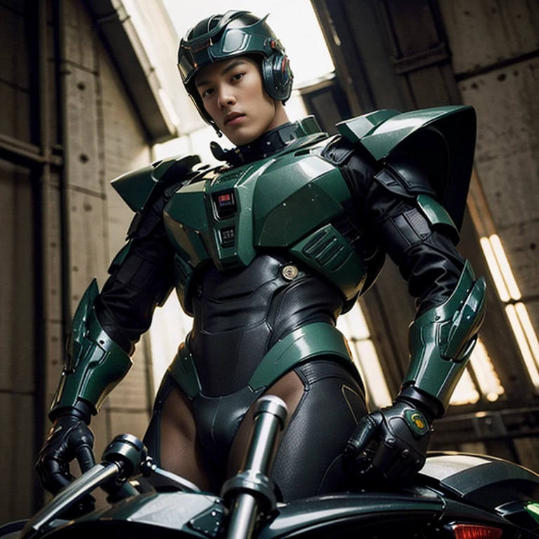 Highest image quality, outstanding details, ultra-high resolution, (realism: 1.4), the best illustration, favor details, highly condensed 1boy, with a delicate and handsome face, dressed in a black and green mecha, wearing a mecha helmet, riding on a motorcycle, the background is a high-tech lighting scene of the future city, (bare thighs ,  sexy. Nsfw )