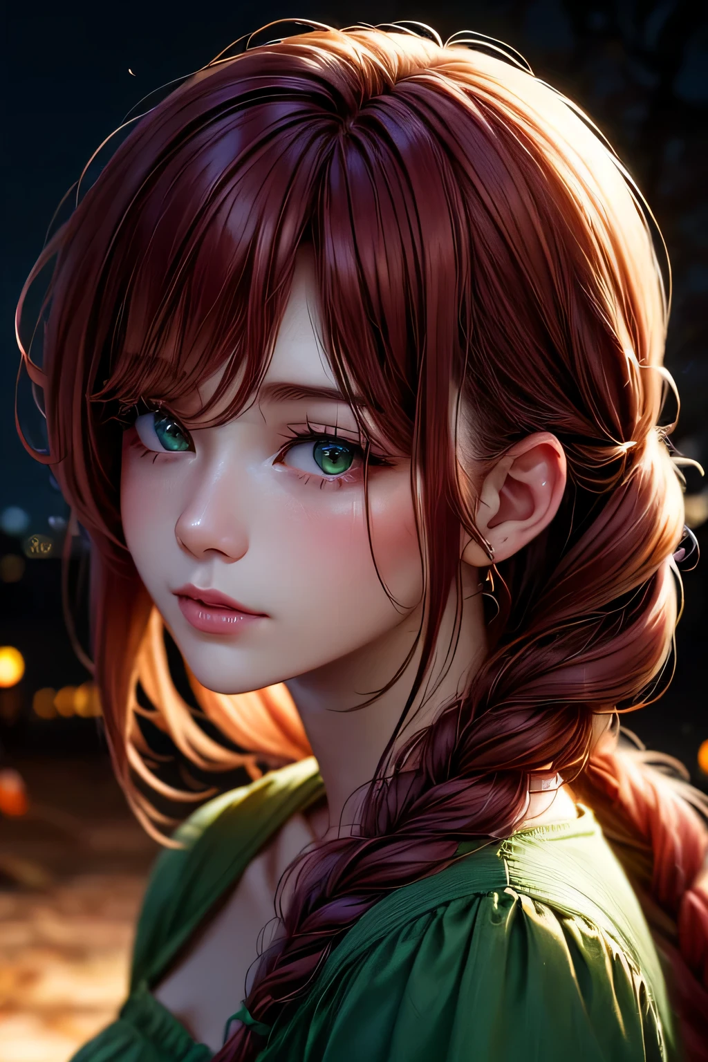 hd, (The finest details) (最high quality), Girls in their 20s,Redhead woman with long red braided hair and a green dress taking a photo, Mature and gorgeous, Natural light and shadow､ (Detailed face), (Beautiful fine details), Dynamic pose), masterpiece, 最high quality, high quality, High resolution, (Face close-up)､In the park on a moonlit night､