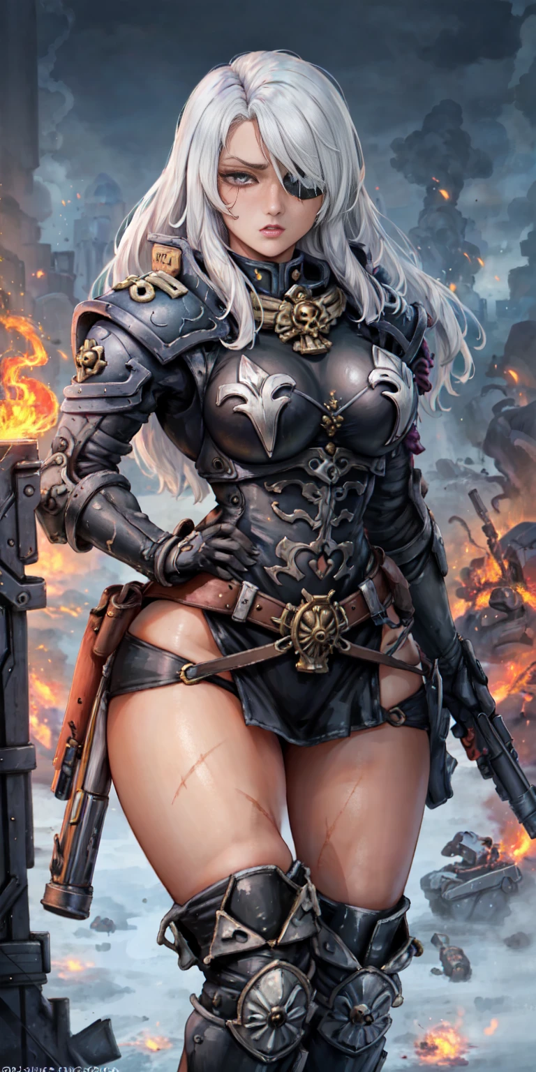 (masterpiece:1.2), (best quality:1.2), perfect eyes, perfect face, perfect lighting, 1girl, mature whore Sororitas with bolter gun in hands, scar over one eye, eyepatch, white hair, skulls on the ground, warhammer 40k, chaos, fire, scifi, detailed battlefield background  