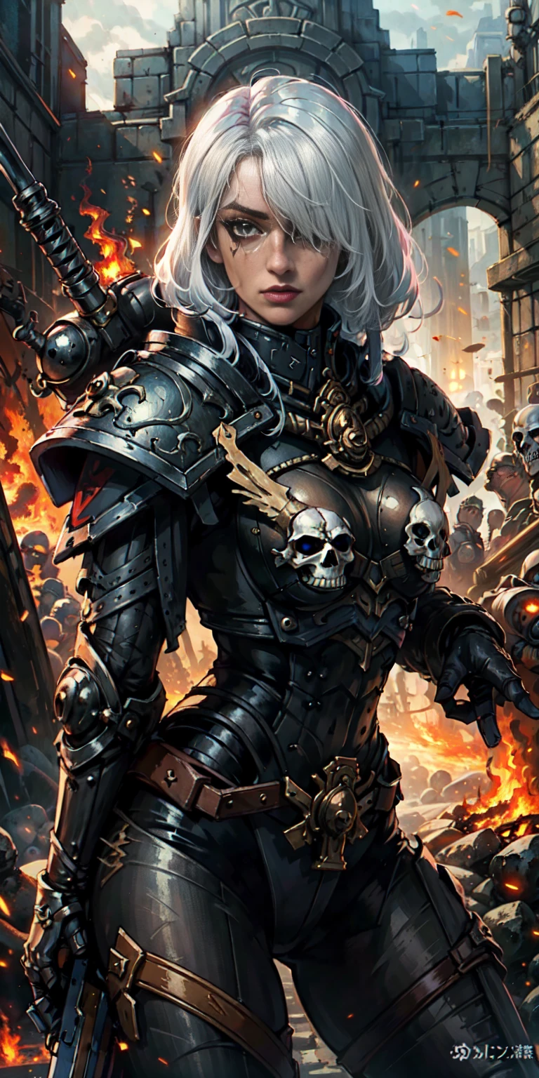 (masterpiece:1.2), (best quality:1.2), perfect eyes, perfect face, perfect lighting, 1girl, mature whore Sororitas with bolter gun in hands, scar over one eye, eyepatch, white hair, skulls on the ground, warhammer 40k, chaos, fire, scifi, detailed battlefield background