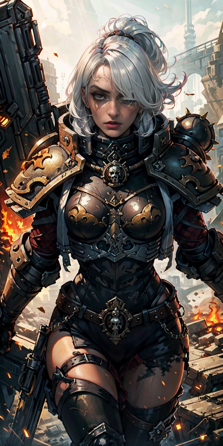 (masterpiece:1.2), (best quality:1.2), perfect eyes, perfect face, perfect lighting, 1girl, mature whore Sororitas with bolter gun in hands, scar over one eye, eyepatch, white hair, skulls on the ground, warhammer 40k, chaos, fire, scifi, detailed battlefield background