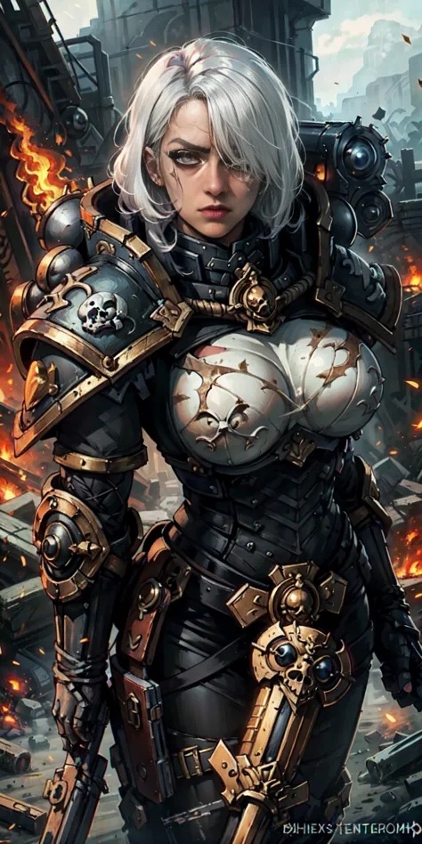 (masterpiece:1.2), (best quality:1.2), perfect eyes, perfect face, perfect lighting, 1girl, mature whore Sororitas with bolter g...