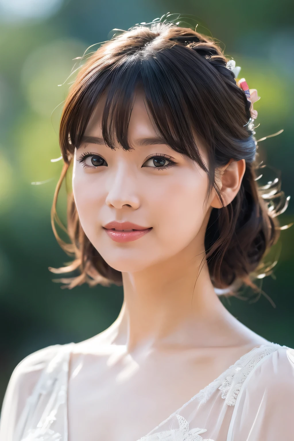 Medium View, Medium Shot, Written boundary depth, bust, Upper Body, Cinematic Angles, masterpiece, highest quality, Very detailed, cg, 8K Wallpaper, Beautiful Face, Delicate eyes, Otome, alone, smile, bangs, have,gray colored dresses, bow, petal, bouquet