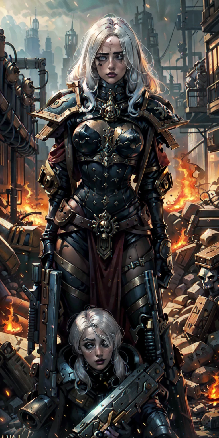 (masterpiece:1.2), (best quality:1.2), perfect eyes, perfect face, perfect lighting, 1girl, mature whore Sororitas with bolter gun in hands, scar over one eye, eyepatch, white hair, skulls on the ground, warhammer 40k, chaos, fire, scifi, detailed battlefield background