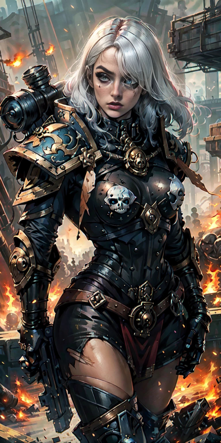 (masterpiece:1.2), (best quality:1.2), perfect eyes, perfect face, perfect lighting, 1girl, mature whore Sororitas with bolter gun in hands, scar over one eye, eyepatch, white hair, skulls on the ground, warhammer 40k, chaos, fire, scifi, detailed battlefield background