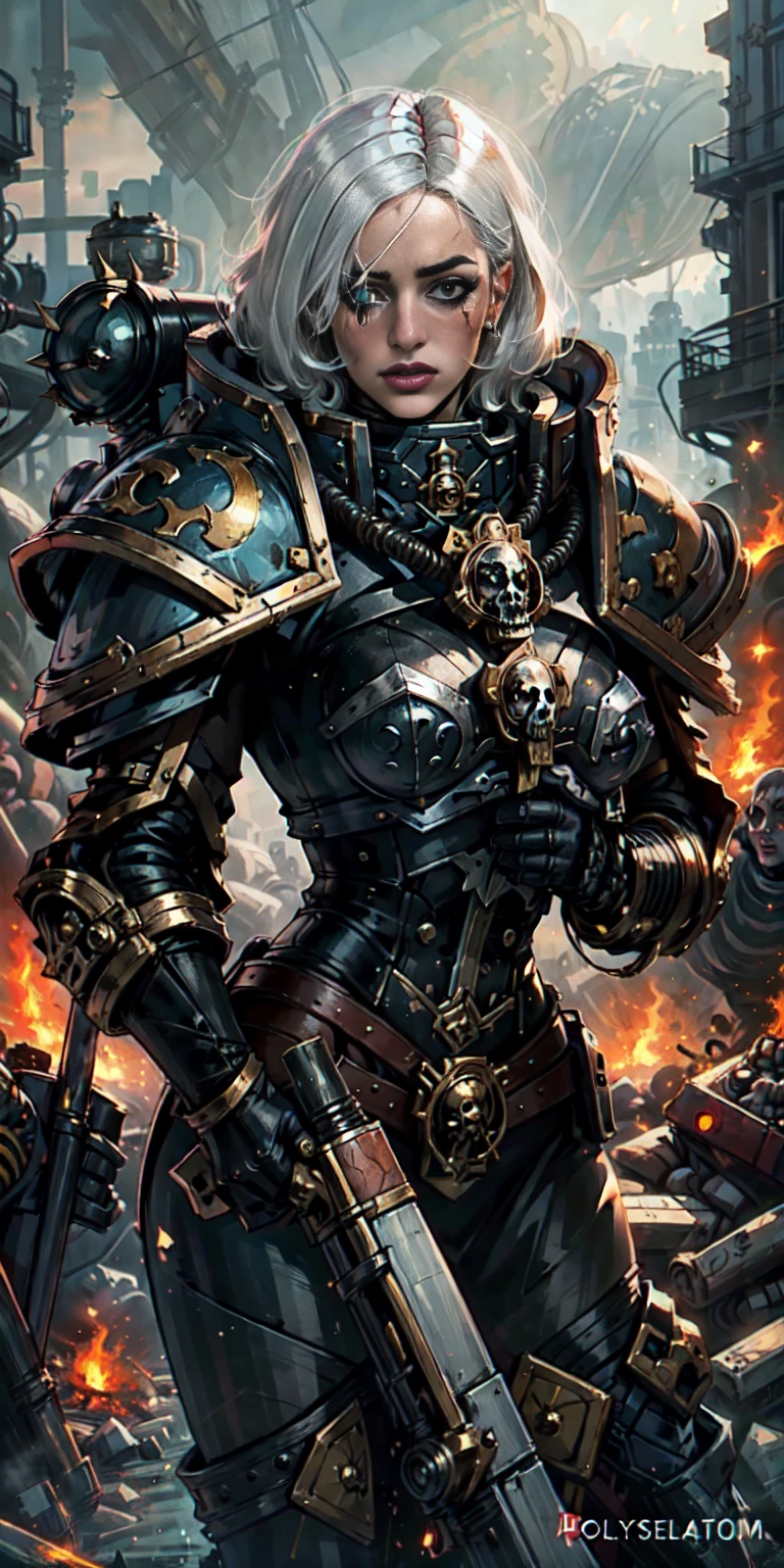 (masterpiece:1.2), (best quality:1.2), perfect eyes, perfect face, perfect lighting, 1girl, mature whore Sororitas with bolter gun in hands, scar over one eye, eyepatch, white hair, skulls on the ground, warhammer 40k, chaos, fire, scifi, detailed battlefield background