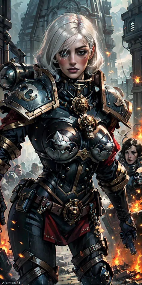 (masterpiece:1.2), (best quality:1.2), perfect eyes, perfect face, perfect lighting, 1girl, mature whore Sororitas with bolter g...