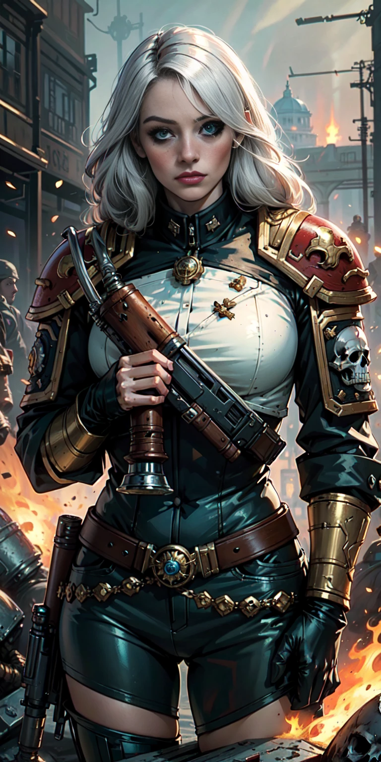 (masterpiece:1.2), (best quality:1.2), perfect eyes, perfect face, perfect lighting, 1girl, mature whore Sororitas with bolter gun in hands, scar over one eye, eyepatch, white hair, skulls on the ground, warhammer 40k, chaos, fire, scifi, detailed battlefield background