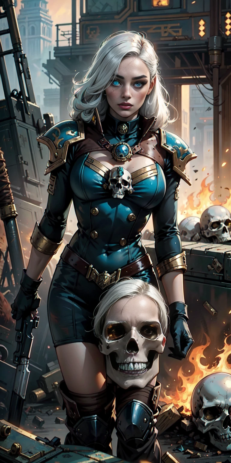 (masterpiece:1.2), (best quality:1.2), perfect eyes, perfect face, perfect lighting, 1girl, mature whore Sororitas with bolter gun in hands, scar over one eye, eyepatch, white hair, skulls on the ground, warhammer 40k, chaos, fire, scifi, detailed battlefield background