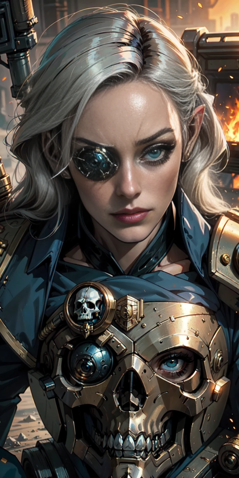 (masterpiece:1.2), (best quality:1.2), perfect eyes, perfect face, perfect lighting, 1girl, mature whore Sororitas with bolter gun in hands, scar over one eye, eyepatch, white hair, skulls on the ground, warhammer 40k, chaos, fire, scifi, detailed battlefield background