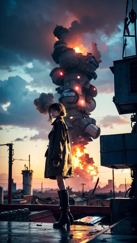 Brown short hair girl、A structure piercing the sky in the distance、anime art wallpaper 8k, 16k、(Disparity society)、((One of his ...