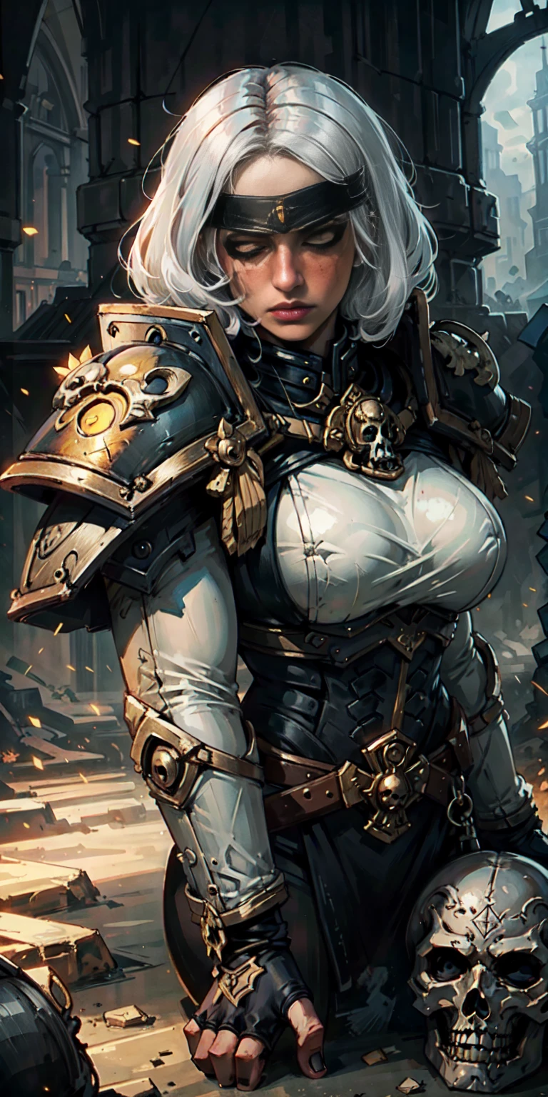 (masterpiece:1.2), (best quality:1.2), perfect eyes, perfect face, perfect lighting, 1girl, mature whore Sororitas with bolter gun in hands, blindfolded cover eyes, white hair, skulls on the ground, warhammer 40k, detailed battlefield background
