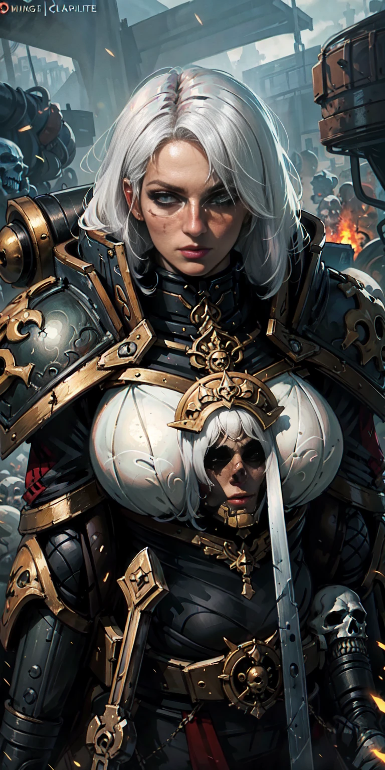 (masterpiece:1.2), (best quality:1.2), perfect eyes, perfect face, perfect lighting, 1girl, mature whore Sororitas with bolter gun in hands, blindfolded cover eyes, white hair, skulls on the ground, warhammer 40k, detailed battlefield background