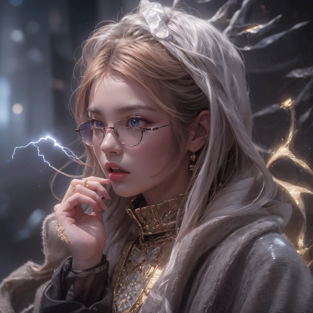 Beautiful hairstyle，Realistic eyes，Beautiful detailed eyes，（Realistic skin），Beautiful Skin，（sweater），ridiculous，enticing，Ultra-high resolution，Ultra-realistic，Very detailed，Golden Ratio，Asian fairy wearing silk hooded and glowing gloves，Lateral face，A collarless coat，Lightning hands，sunglasses，Cyberpunk smoke，（（（nmasterpiece））），（（（Side view））（Ultra-detailded）（illustration）（Detailed lighting）（（Telephoto Tilt-Shift））（nmasterpiece）（sunny day background）（Ultra-detailded）（photorealestic），（Detailed light），（（an extremely delicate and beautiful one），（（faerie）），（（lightning in hand）），Lightning surrounds the fairy，（（lightning chain）），Suspended crystals，There is lightning inside the crystal，