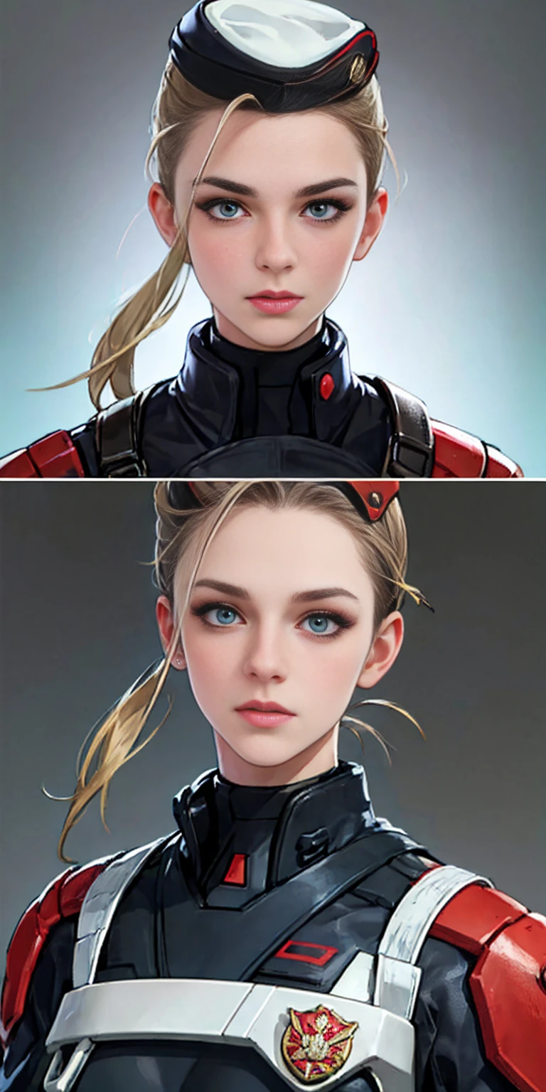 Best image quality, 4k, masterpiece, female Cammy, short hair, beautiful mature gentleness, light brown hair, light blue eyes, sharp eyes looking at the camera, face focus, delicate facial features, black uniform, white gloves hat, arms holding, artistic lighting, portraiture, face magnification, [elegant demeanor, dignified atmosphere and excellent posture that catches the eye + beautiful face + portrait painting effect]