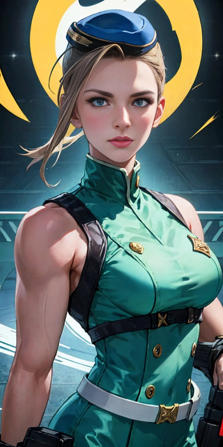 Best image quality, 4k, masterpiece, female Cammy, short hair, beautiful mature gentleness, light brown hair, light blue eyes, sharp eyes looking at the camera, face focus, delicate facial features, black uniform, white gloves hat, arms holding, artistic lighting, portraiture, face magnification, [elegant demeanor, dignified atmosphere and excellent posture that catches the eye + beautiful face + portrait painting effect]