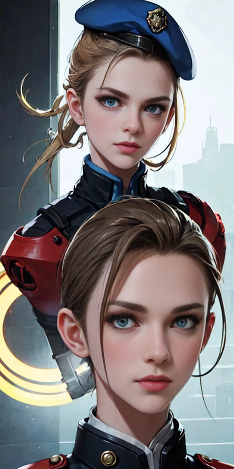 Best image quality, 4k, masterpiece, female Cammy, short hair, beautiful mature gentleness, light brown hair, light blue eyes, sharp eyes looking at the camera, face focus, delicate facial features, black uniform, white gloves hat, arms holding, artistic lighting, portraiture, face magnification, [elegant demeanor, dignified atmosphere and excellent posture that catches the eye + beautiful face + portrait painting effect]