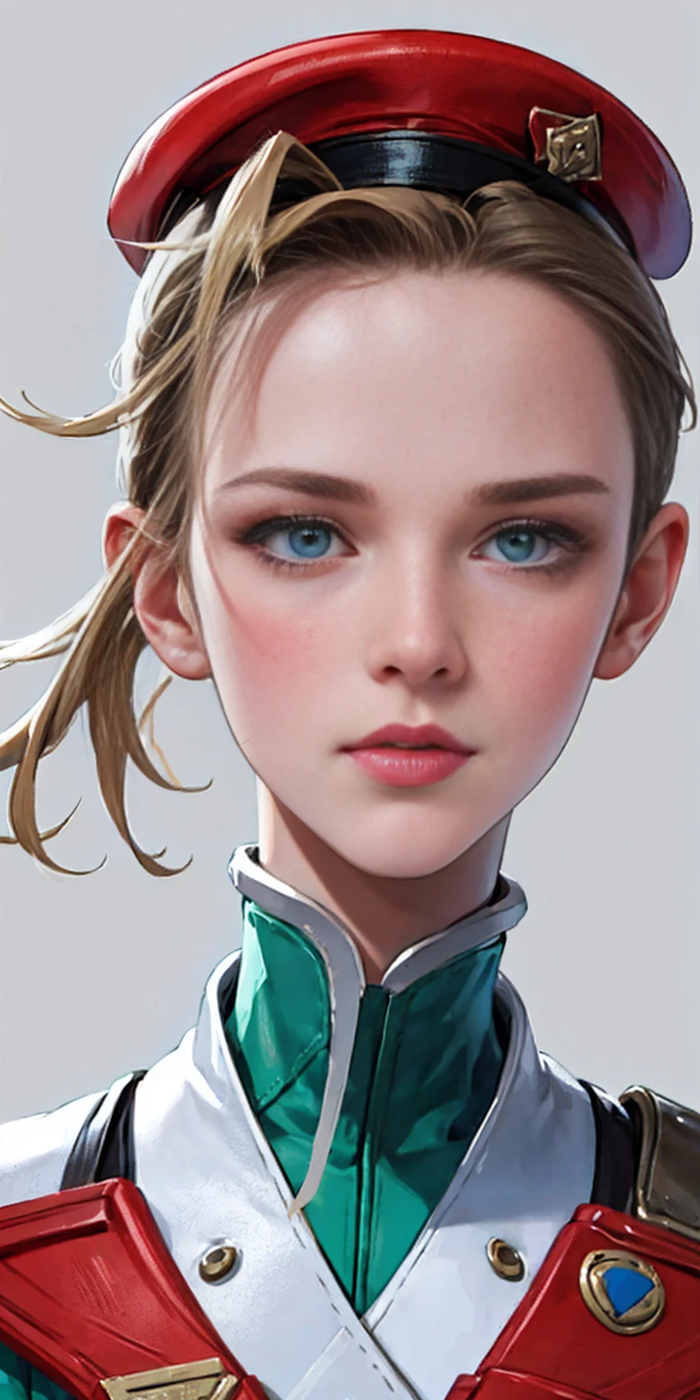 Best image quality, 4k, masterpiece, female Cammy, short hair, beautiful mature gentleness, light brown hair, light blue eyes, sharp eyes looking at the camera, face focus, delicate facial features, black uniform, white gloves hat, arms holding, artistic lighting, portraiture, face magnification, [elegant demeanor, dignified atmosphere and excellent posture that catches the eye + beautiful face + portrait painting effect]