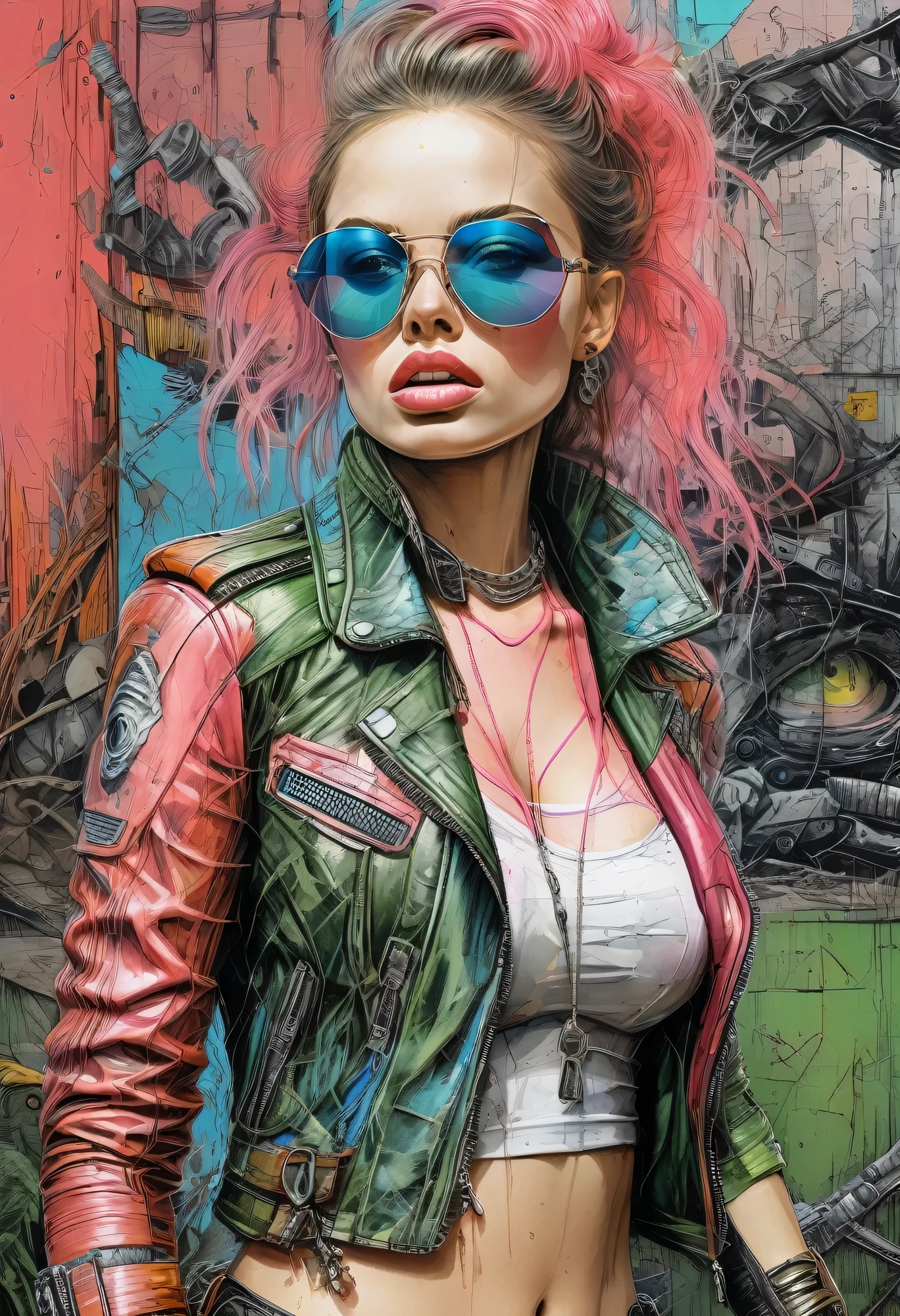 surfaces, to the intricate textures and patterns that adorn women's clothing and accessories. The viewer is drawn to the image by the intense emotion and energy that radiates from both the woman and the post-apocalyptic landscape. This masterpiece, in its highest quality resolution, is a testament to the artist's skillful combination of punk aesthetics and dynamic storytelling. (8k, hyperrealism, digital art, concept art, surrealism, cinematic, explosive, post apocalyptic, Mad Max, punk, leather, metal, Dynamics, supreme quality, intricate details, cinematic lighting, metallic surfaces) Best possible quality, Ultra resolution 8K, Stunning illustration, best of all, Awarded, like being the best, pink leather jacket, pink sunglasses: 1.3, light ripped and frayed jeans, ((colors pink, cyan, brown, green, white: 1.5) ), epic desert setting: 1.5, photorealistic: 1.4, skin texture: 1.4, super masterpiece, super detailed, hyper detailed, 32K

