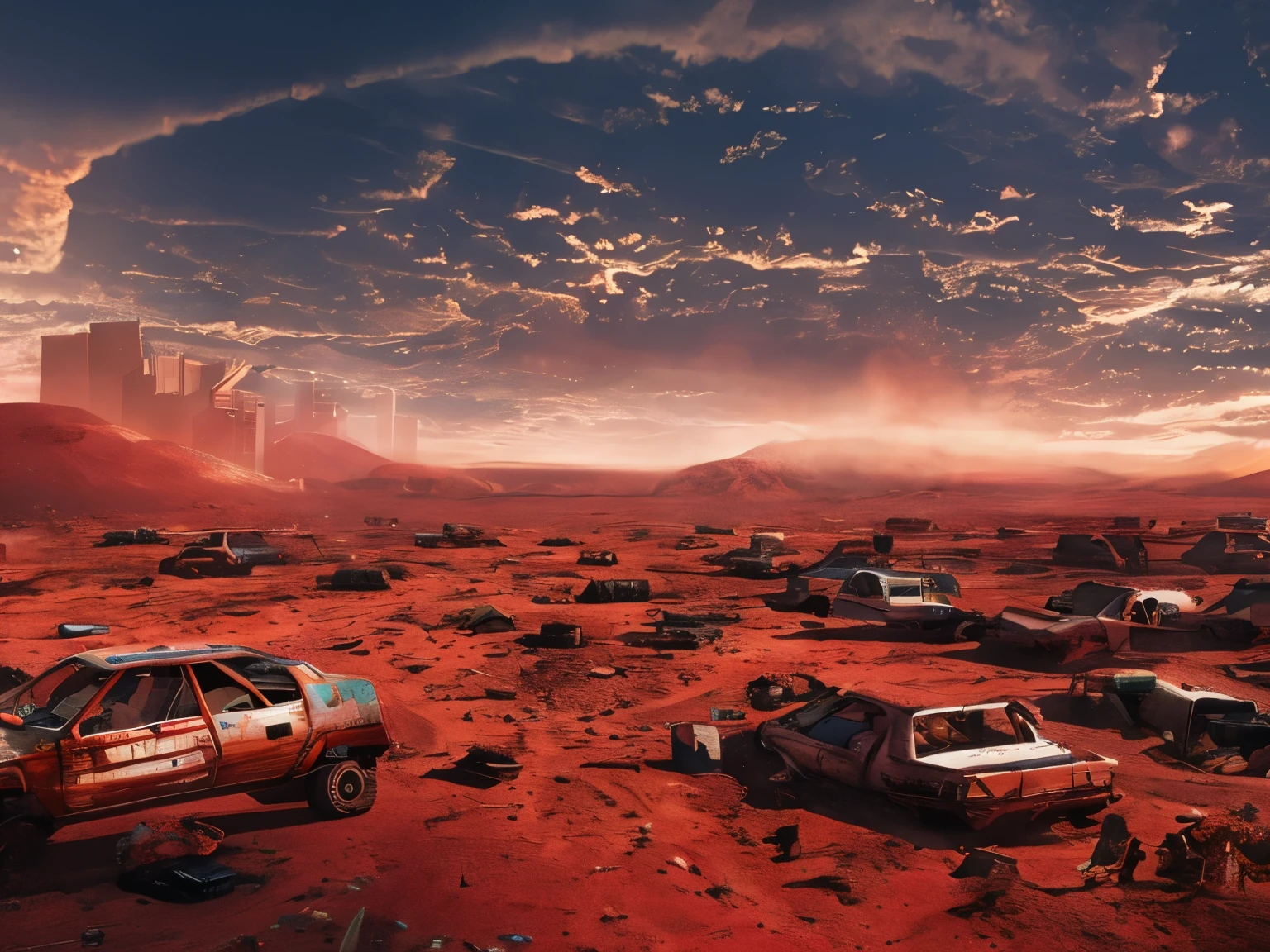 best quality, super fine, 16k, barren red soil, buried broken semiconductor bases, end where everything has died, post-apocalyptic wasteland, background red, scorching mirage