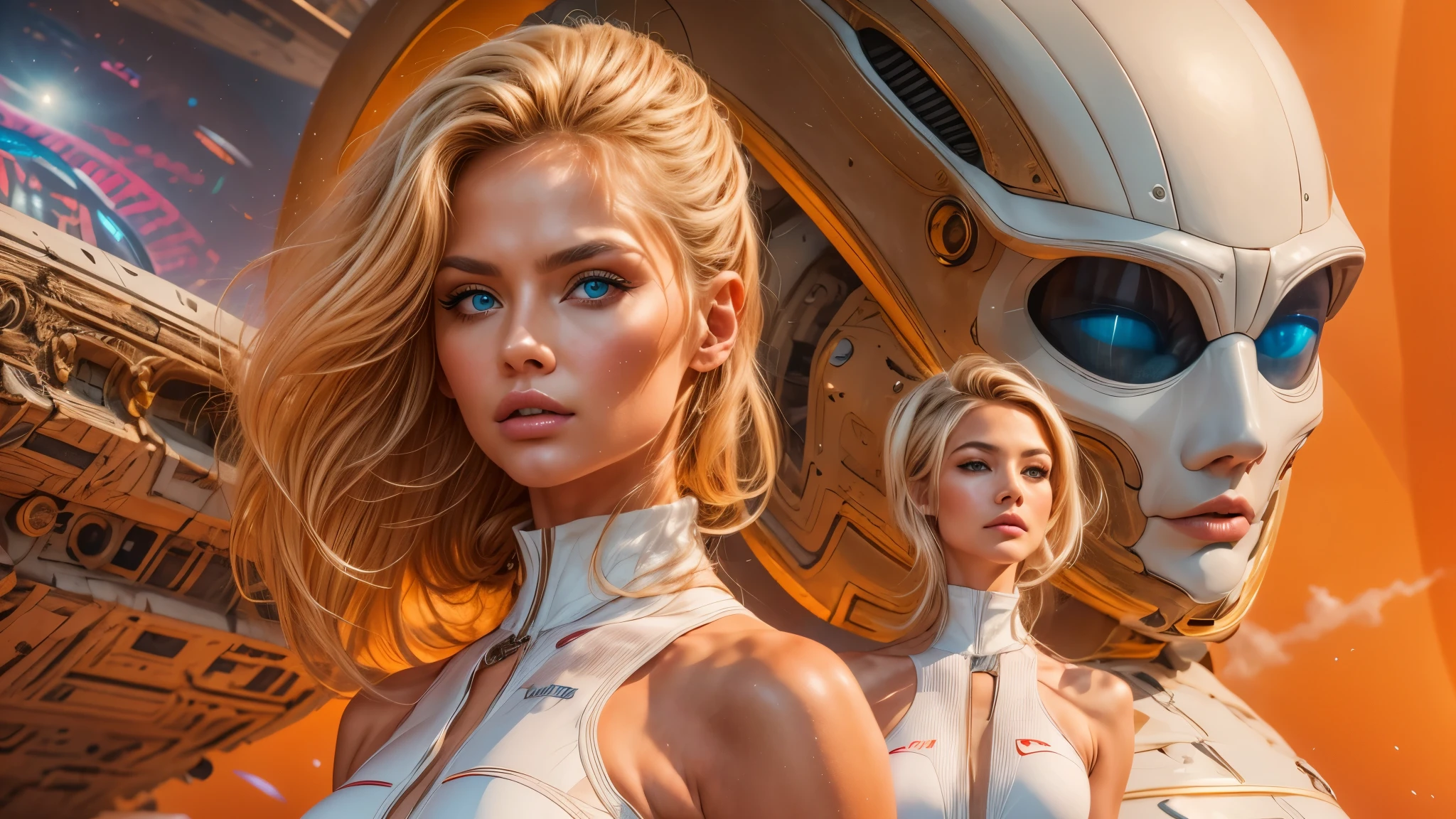 arafed image of a white woman in a futuristic suit with a spaceship in the background, movie art, in front of an orange background, inspired by Robert McGinnis, female protagonist, megastructure in the background, portrait of an ai astronaut, astronauts, an astronaut, portrait of a astronaut skeletor, perfect android girl, detailed eyes, perfectly detailed teeth, frank franzzeta and sakimichan  