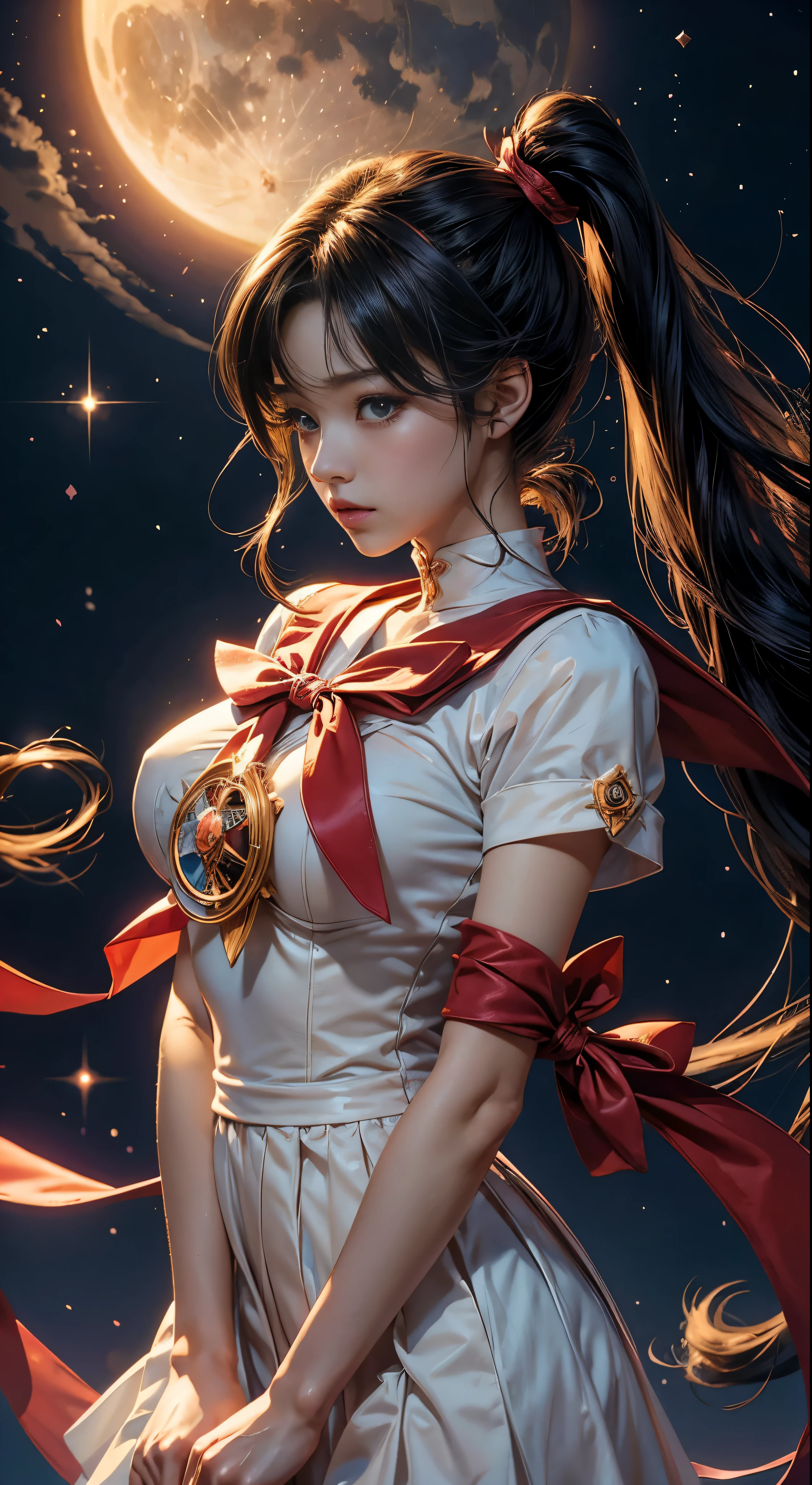 Obra maestra、de la máxima calidad、resolución ultra alta、Cabello bellamente detallado que recuerda a Sailor Moon.&#39;s icónicas colas gemelas、La perfección personificada、animado、Japón、Personajes atractivos y siempre populares.、elegante traje de marinero、listón rojo、símbolo de la luna、mirada suave、Encantador、toriyama akira、Naoko Takeuchi、O la maestría artística de Yoshihiko Ike、Crea un aura magnética.、A true testament to the magic of animado storytelling。