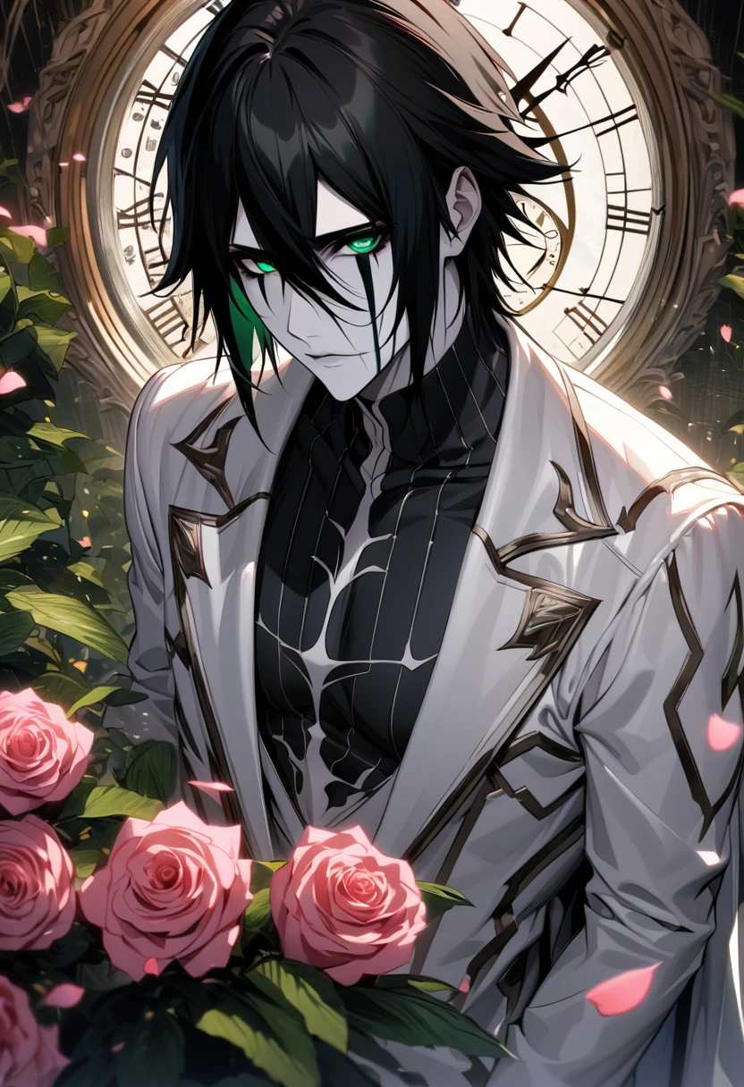 absurdres, highres, ultra detailed, HDR, masterpiece, extremely detailed face and eyes, perfect face, Ulquiorra Cifer, black hair, hair between the eyes, expressive green eyes, pale skin, Bleach, solo, sexy man, handsome, white coat, tight black shirt, patterns, pink roses, petals, in woderland, clock