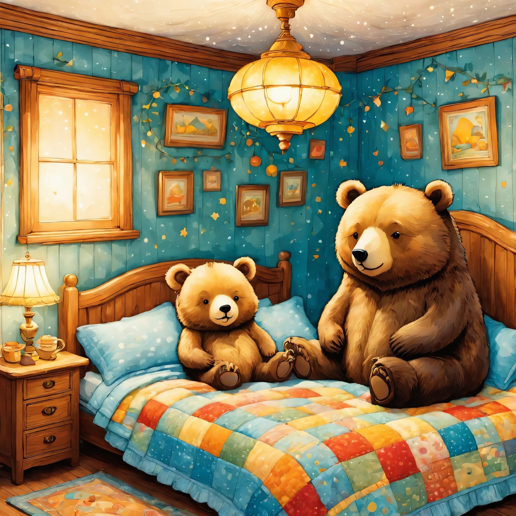 bonitinhoUma ilustraçãoクマの家,Família Urso:animal:hibernando:bonitinho:aninhar:dormir:confortável e acolhedor:Parece feliz,Uma ilustração,pop,corfulに,desenhe com linhas grossas,cor,dim,luz da lâmpada,hibernandoのFamília Ursoが眠っています:sonhe sonhos felizes,A casa está quente e cheia de felicidade,,corful,Chique,fantasia,colcha de retalhos:colcha,detalhes detalhados,fofinho,estilo Randolph Caldecott