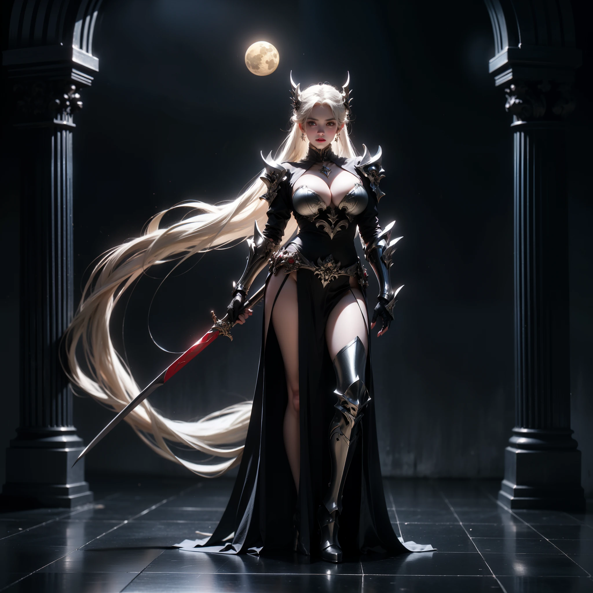 imagem arafada de uma personagem feminina com uma espada e uma luz roxa, da linhagem 2, elfo negro, lineage revolution style 2, elfo negro maiden, sharp silver armor fuchsia skin, dressed in ethereal battle armor, armadura refletida de cor de fogo preto, linda necromante, paladino sombrio, ingame image, Cavaleiro de Sangue, masterpiece, highest quality, (perfect face:1.1) , (high detail:1.1), dramatic, female triplets, breasts, white hair, red eyes, cleavage, long hair, curvy, large breasts, moon,([long hair hair]:1.8), (full body:1.8), (full-body standing image:1.8), (upper body up:0.3), (hyper realistic:1.4), (realistic:1.3), (best quality real texture skin),(HUGE breasts:1.5)