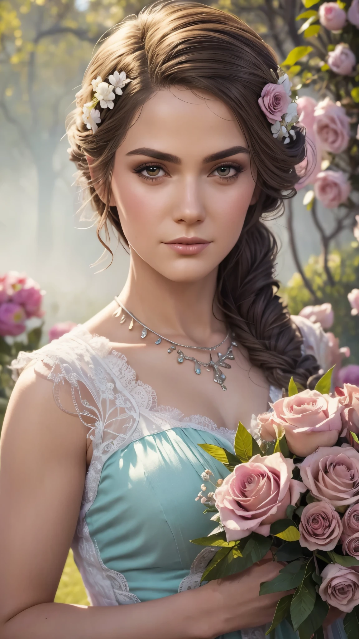 Whimsical fantasy elegant rose floral botany minimalism with a wave of flowers garden flowing flowers floating in hazy pastel pink, aqua green, pastel apricot, smoke fractal, moody and massively realistic flowers, octane rendering, Josephine wall art, Isabel Menin, Jean, Amy brown  Kassandra Assassin's Creed, 