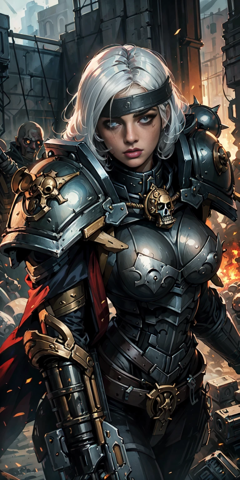 (masterpiece:1.2), (best quality:1.2), perfect eyes, perfect face, perfect lighting, 1girl, mature bigbreastplate whore Sororitas with bolter gun in hands, blindfolded cover eyes, white hair, skulls on the ground, warhammer 40k, detailed battlefield background