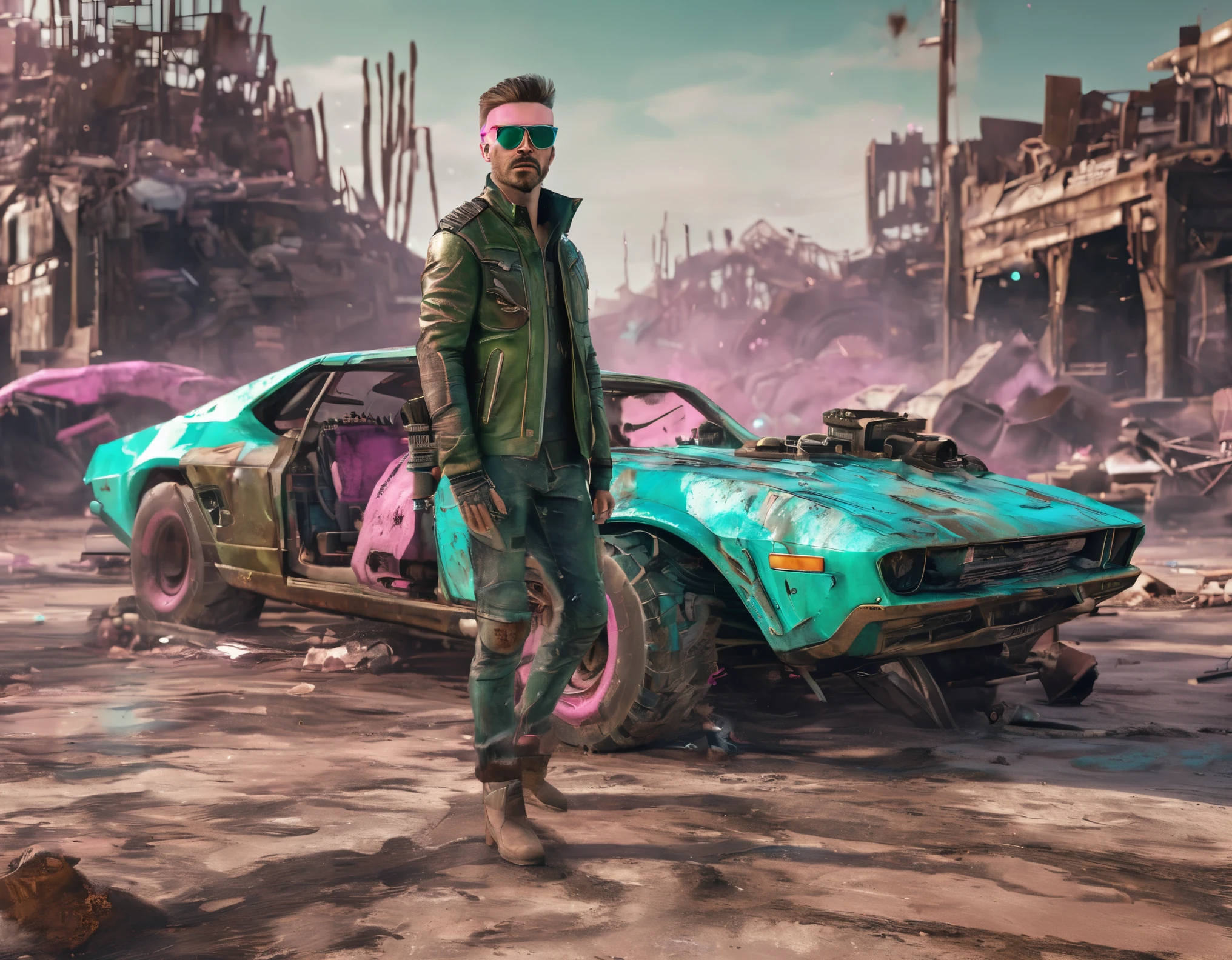 Post-apocalyptic wasteland:1.7, The backdrop of this masterpiece, Mad Max industrial style artifacts, epic, showing a destructive scene, abandoned factory, broken walls, rubble, barrels with fire inside, darkness, it is night, desolation, wind flying earth, showing a destructive apocalyptic scene, sand, Best possible quality, Ultra resolution 8K, Stunning illustration, best of all, Awarded, like being the best, leather jacket, pink sunglasses: 1.3, light ripped and frayed jeans, ((cyan, brown, green, white colors: 1.5) ), epic desert setting: 1.5, photorealistic: 1.4, skin texture: 1.4, super masterpiece, super detailed, hyper detailed, ((night, darkness: 1.6 )), 32K