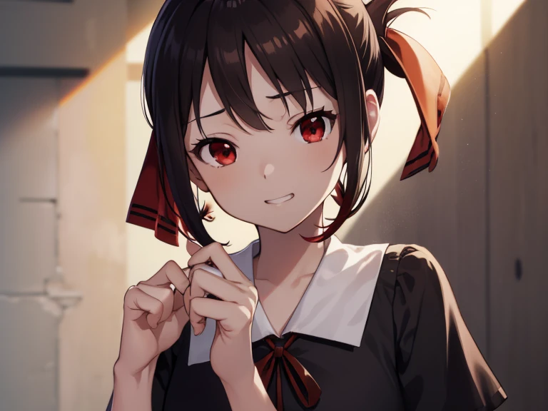 kaguyashinomiya, kaguya shinomiya, Folded ponytail, amount, hair ribbon, (Red eyes:1.5), red ribbon, ribbon, short hair, Side Lock,
break black dress, dress, pinafore dress, , shirt, Short sleeve, Shuchiin Academy , white shirt,
break looking at viewer,
break indoors, classroom,
break (masterpiece:1.2), highest quality, High resolution, unity 8k wallpaper, (figure:0.8), (Beautiful fine details:1.6), Highly detailed face, Perfect lighting, Highly detailed CG, (Perfect hands, Perfect Anatomy), Grin,Low Angle,Look down,Face Shadow