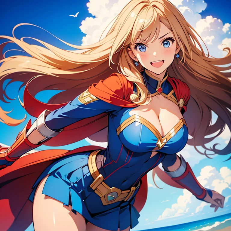 capitaine merveille. belle fille super-héroïne. cheveux blond brillante sonrisa, Rougir, yeux bleus. gros seins, costume de super-héros bleu et jaune. voler dans le ciel , cheveux blond . peau claire blonde. gros seins. corps entier, costume de super fille. jupe très courte, clivage, petit costume, gros cul, fille sexy, montrer plus de peau