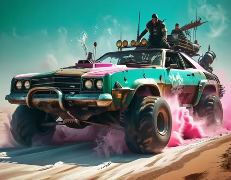 High resolution, 32K detailed and sharp image. The image must be super original and complex, with a variety of beautiful and vibrant colors. (Masterpiece, Best quality), Mad Max style vehicle at full speed, leaving sand trails, large vehicles, a lot of met...