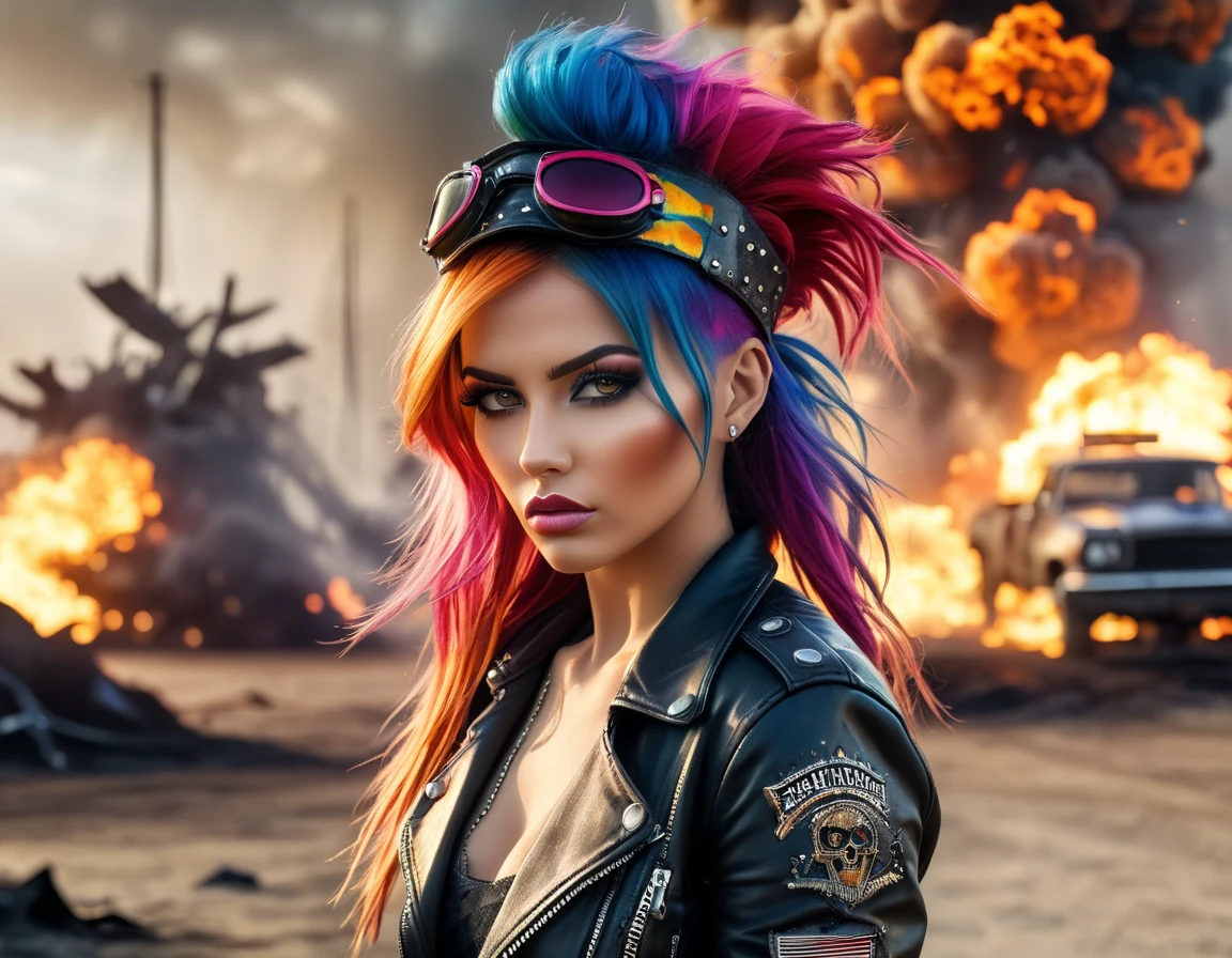 (Obra-prima, melhor qualidade), Uma jovem incrivelmente bela, com longos, cabelo radiante e esvoaçante em várias cores de estilo punk, vestida al estilo Mad Max: um chapéu de piloto de couro adornado com decorações complexas, roupas de couro adornadas com inúmeras decorações de metal, e roupas de inspiração punk. Ela posa de forma dinâmica e sensual., sua expressão cativante fixada diretamente na câmera. O pano de fundo mostra uma iluminação épica de uma paisagem destrutiva., com explosões rasgando o ar e veículos pegando fogo. Cada detalhe é representado com qualidade suprema., desde iluminação cinematográfica que lança sombras dramáticas e reflete no metal, Obra-prima, Muito detalhado, hdr, Resolução 8k, melhor qualidade, mais variedade, 32K